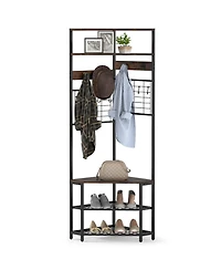 Sugift 5-Tier Corner Hall Tree with Shoe Storage Bench-Rustic