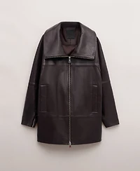 Mango Women's Oversized Funnel-Neck Leather Coat