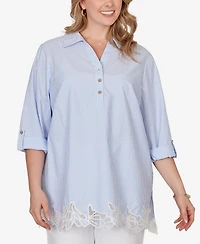 Ruby Rd. Plus Coastal Stripe Lace-Hem Henley Top