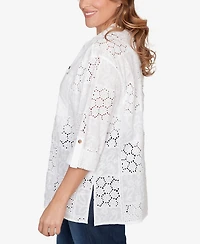 Ruby Rd. Plus Patchwork Eyelet Roll-Tab Sleeve Top