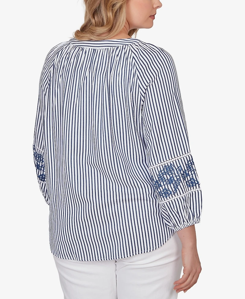 Ruby Rd. Plus Embroidered Seersucker Tie-Front Henley Top