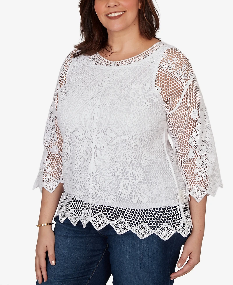 Ruby Rd. Plus Size Scalloped Medallion Crochet Lined Lace Top