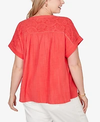 Ruby Rd. Plus Paisley Embroidered Gauze Button T-Shirt