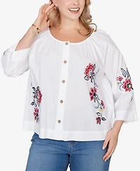 Ruby Rd. Plus Floral Embroidered Poplin Button Front Top