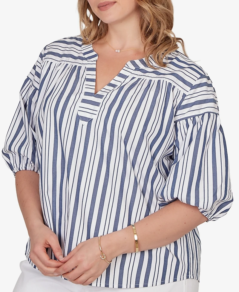 Ruby Rd. Plus Striped Cotton Poplin Elastic Cuff Top