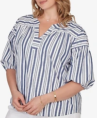 Ruby Rd. Plus Striped Cotton Poplin Elastic Cuff Top