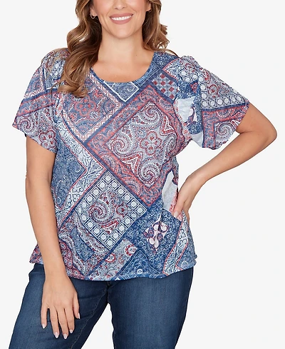 Ruby Rd. Plus Patchwork Shirred Crew Neck T-Shirt