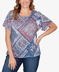 Ruby Rd. Plus Patchwork Shirred Crew Neck T-Shirt