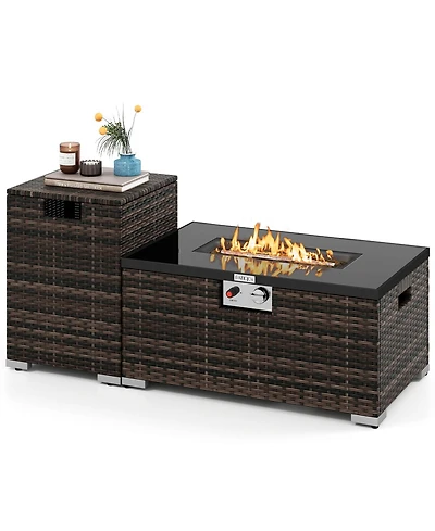 Sugift 2-Piece Outdoor Rattan Fire Table Set 32 Inch Rectangle Gas Firepit with Tank Cover