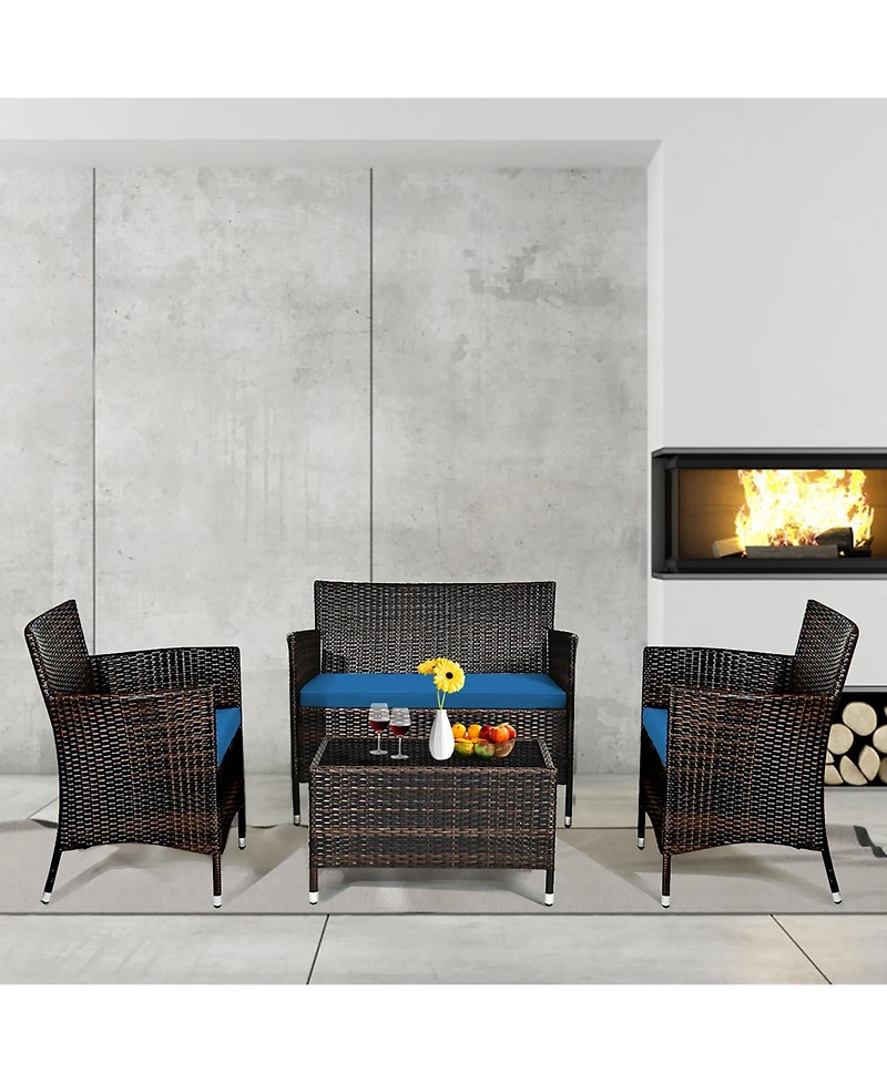 Gymax Set of Outdoor Patio Rattan Conversation Furniture Set w/ Cushion Table