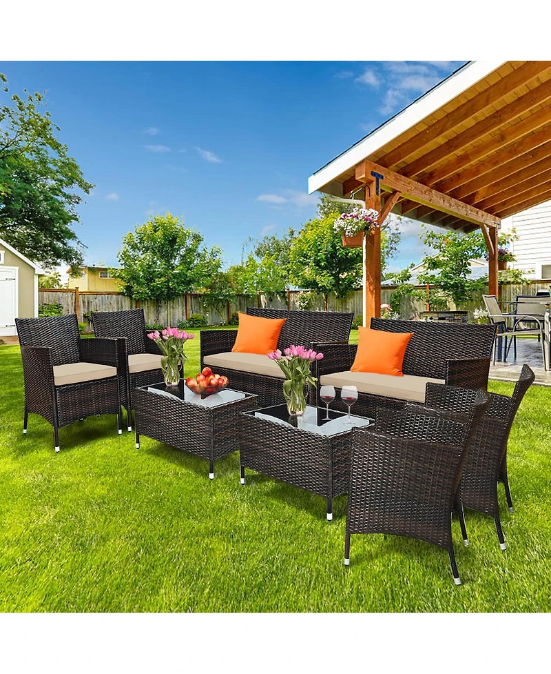 Gymax 8PCS Patio Rattan Conversation Furniture Set Outdoor w/ Cushion