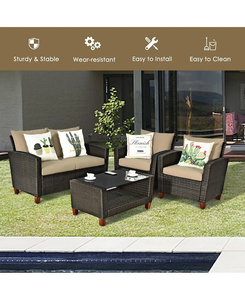 Gymax 4PCS Cushioned Rattan Conversation Set w/ Coffee Table Patio Outdoor