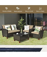 Gymax 4PCS Cushioned Rattan Conversation Set w/ Coffee Table Patio Outdoor