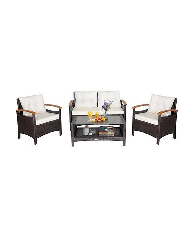 Gymax 4PCS Patio Conversation Set Rattan Sofa Furniture Set w/ Off Cushions