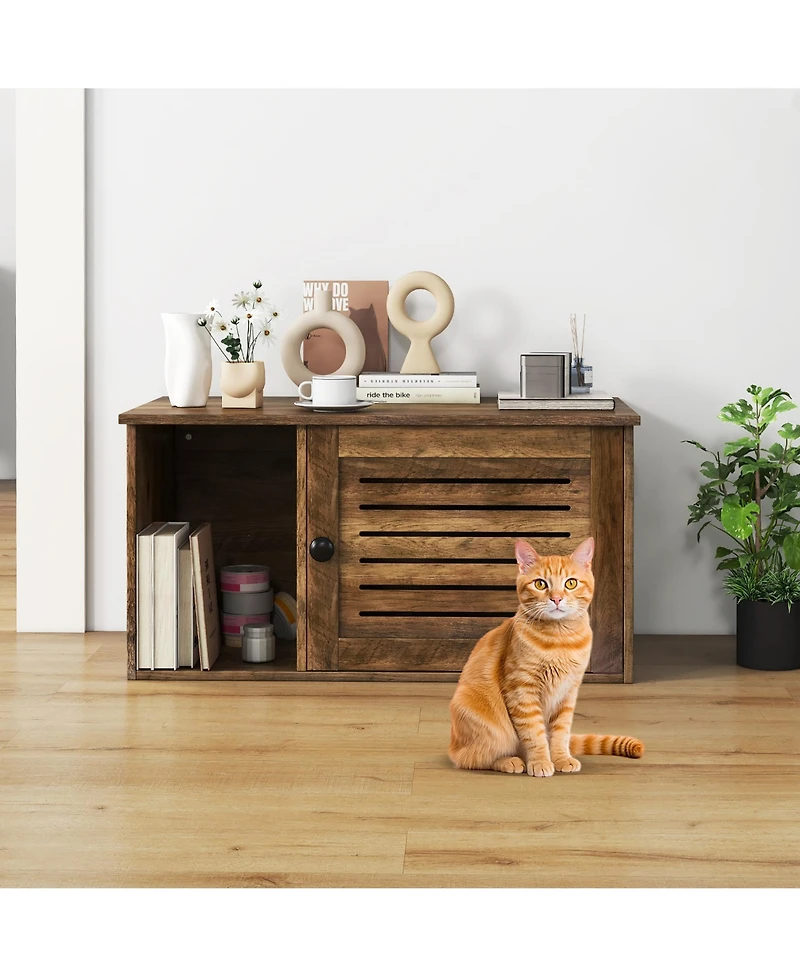 Gymax Cat Litter Box Enclosure w/ Winding Entry Louvered Door Wooden Pet Side Table