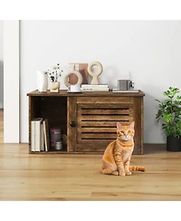 Gymax Cat Litter Box Enclosure w/ Winding Entry Louvered Door Wooden Pet Side Table