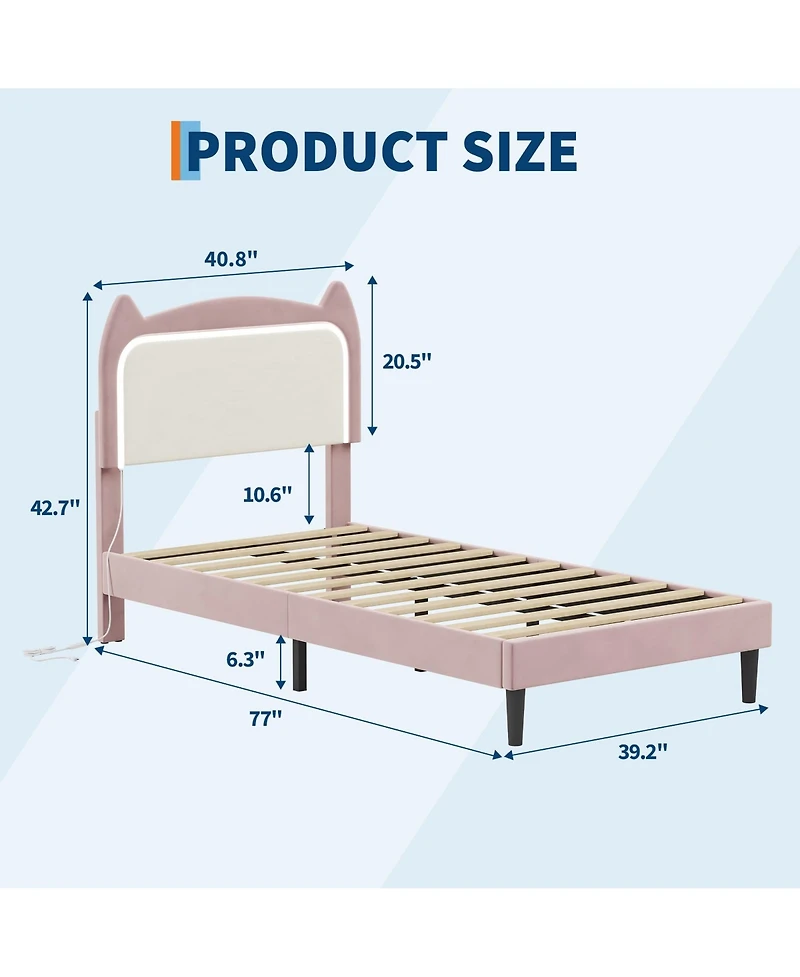gaomon Twin Upholstered Led Bed Frame with Cat Headboard, Velvet Platform Bed Frame for Kids, Sturdy Slats