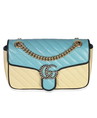 Pre-Owned Gucci Blue Yellow Calfskin Matelasse Diagonal Torchon Small Gg Marmont Bag