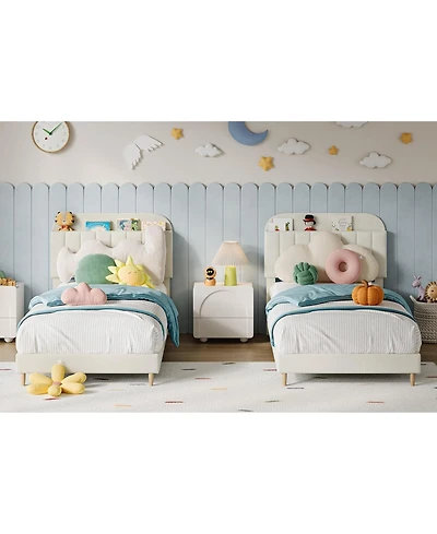 gaomon 2 Twin Upholstered Bed Frames, Platform Beds with Bookcase Headboards, Velvet Mattress Foundation, Steel Support