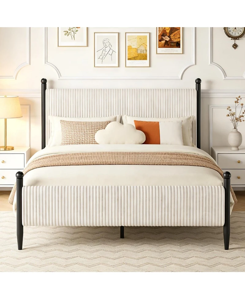 gaomon Bed Frame with Velvet Headboard, Upholstered Corduroy Platform, Wood Slats Support