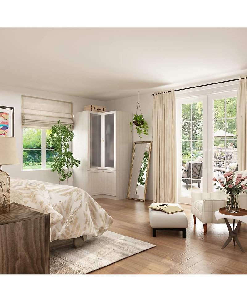 Famapy Corner Wardrobe Closet with 2 Glass Doors, Armoire with Hanging Rod