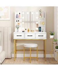 Sugift Vanity Desk with Mirror Lights and Cushioned Stool Set