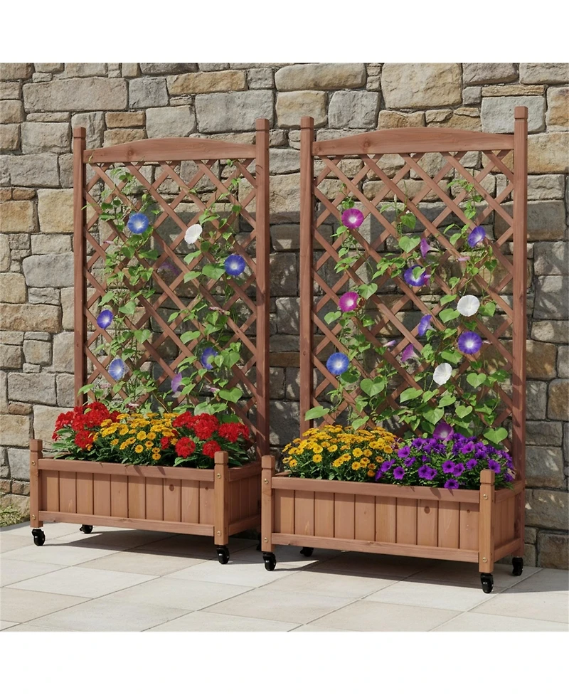 Clihome 2 Pack Raised Garden Bed with Trellis, Outdoor Wooden Planter Box & Plant Stand with Climbing Racks
