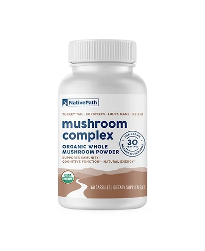 NativePath Mushroom Complex - Lions Mane, Turkey Tail, Cordyceps and Reishi - Immune Support and Brain Health - Usda 60 Caps