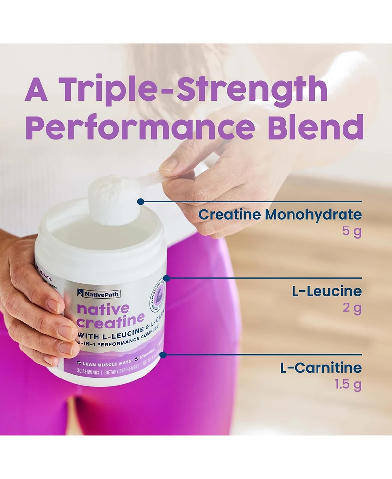 NativePath Creatine Monohydrate Powder with L-Leucine and L-Carnitine - Supports Muscle Health for Men and Women - 30 Servings
