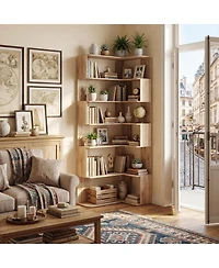Homsee 7-Shelves Accent Bookcase, Open Back Bookshelf, Corner Bookcase