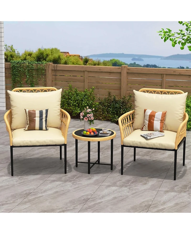 gaomon 3-Piece Patio Furniture Set, All-Weather Pe Wicker Outdoor Conversation Set with 2.8 Inch Thick Cushions