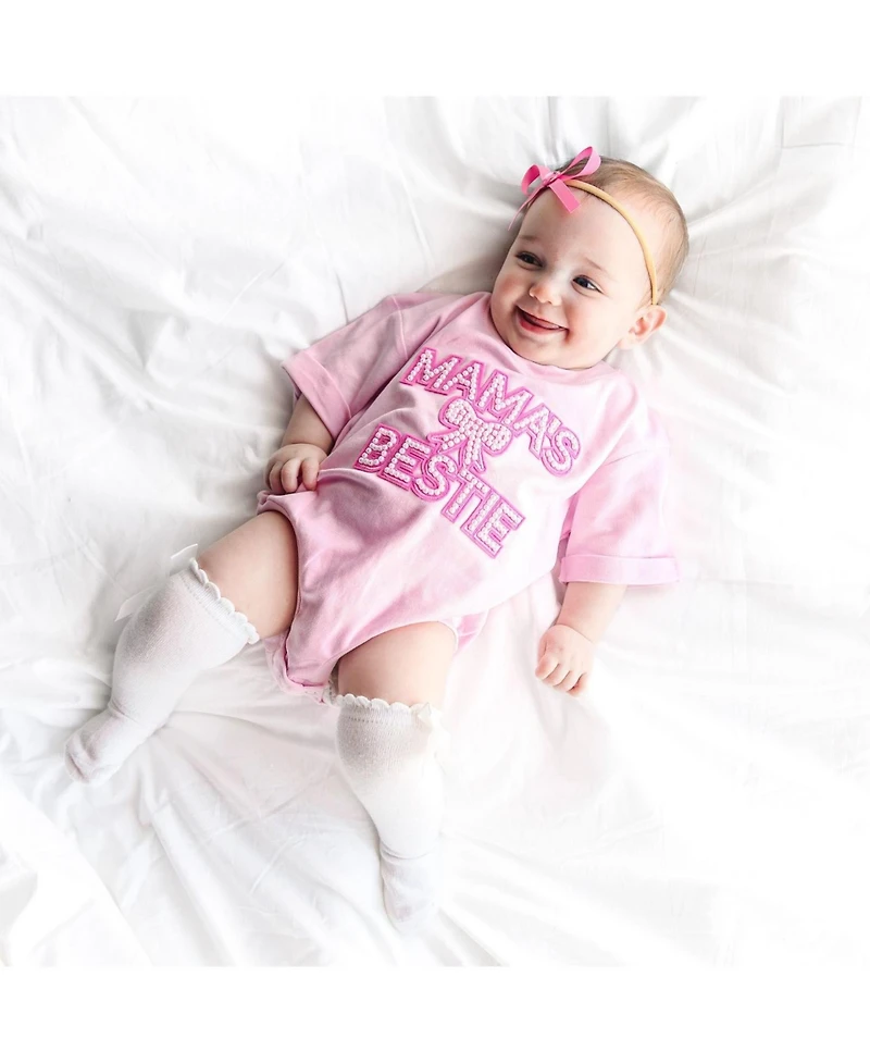 Sweet Wink Baby Girls Mama's Bestie Pearl Patch Short Sleeve Romper