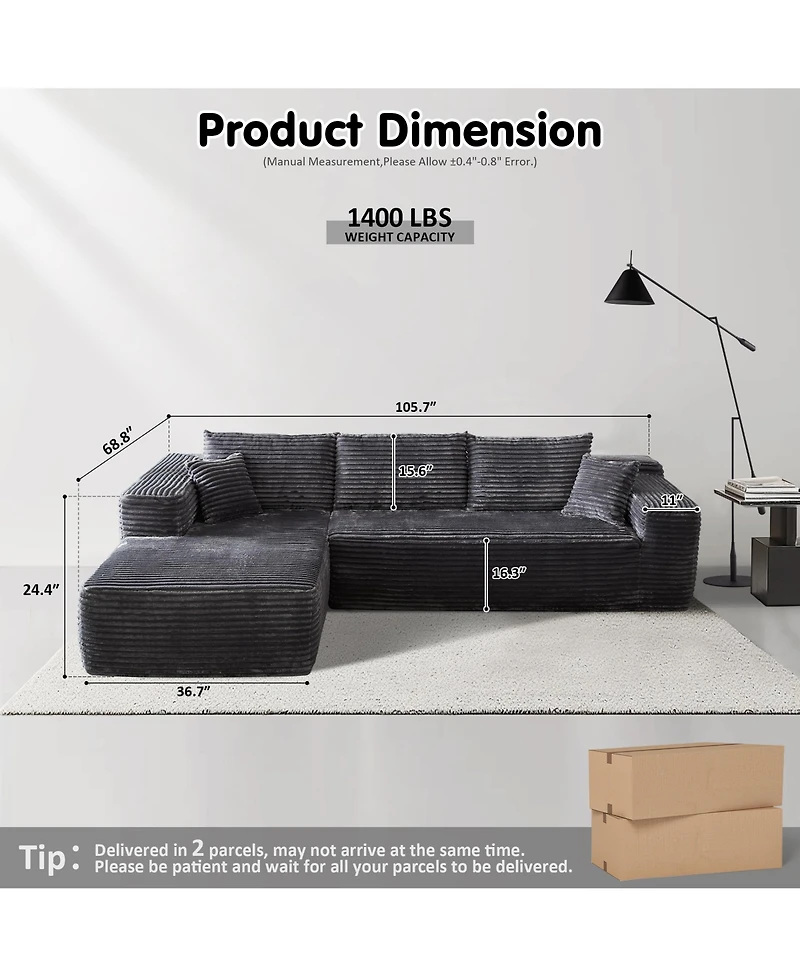 Xizzi 104" No Assembly Required Cloud Sectional Sofa, L-Shape Couch Chaise Lounge with Deep Seat and Wide Armrest for Living Room Bedroom