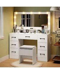 Sugift Vanity Desk with Mirror Lights and Power Outlets
