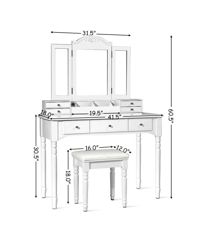 Sugift Makeup Dressing Table with Tri Folding Mirror and Stool
