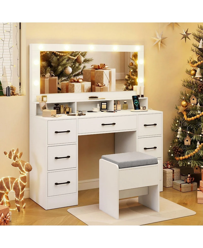 Sugift Vanity Desk with Mirror Lights and Power Outlets