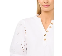 CeCe Women's Henley Puff-Sleeve Cotton Top