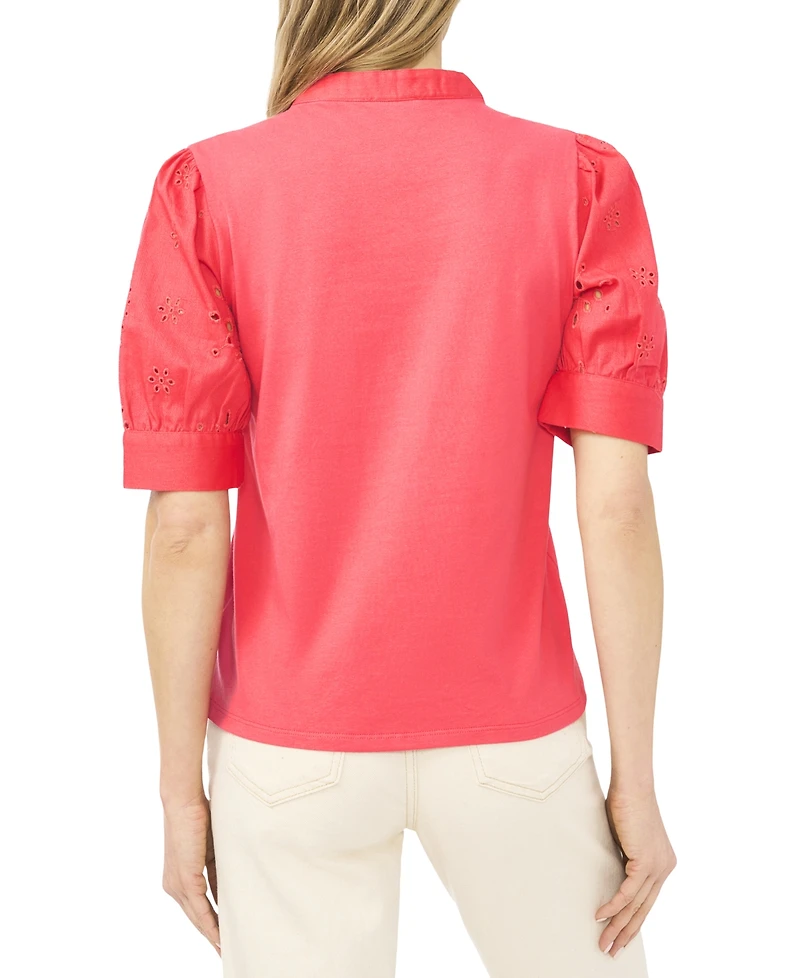 CeCe Women's Henley Puff-Sleeve Cotton Top
