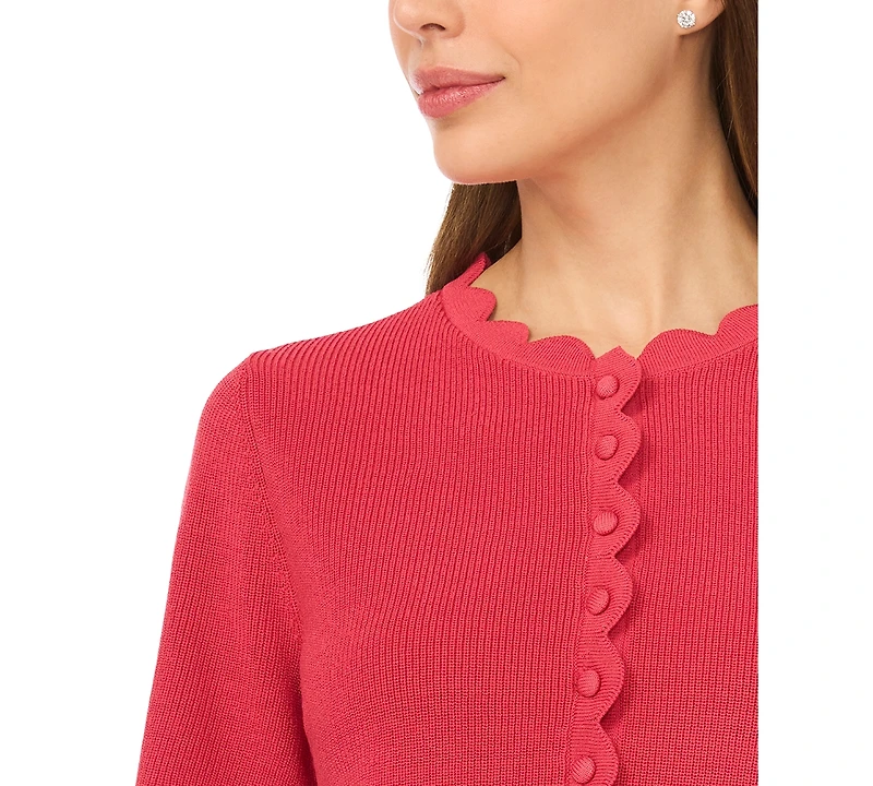 CeCe Women's Crewneck Scallop-Edge Cardigan Sweater