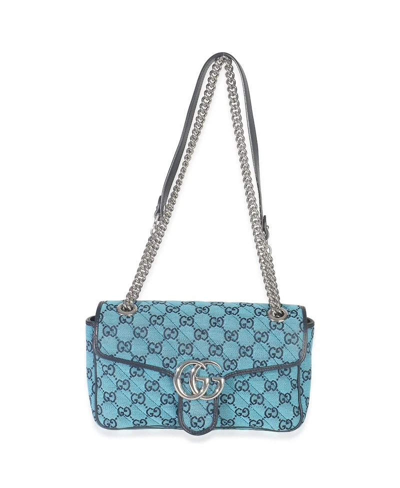 Pre-Owned Gucci Blue Matelasse Canvas Diagonal Small Gg Marmont Shoulder Bag