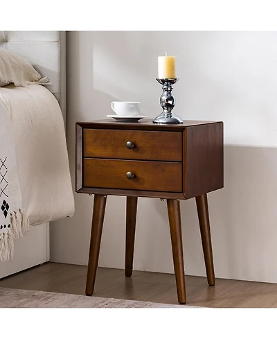 Rainsken Nightstand with Solid Wood Legs, Side End Table with 2 Drawers, Vintage Bedside Cabinet for Bedroom, Living Room