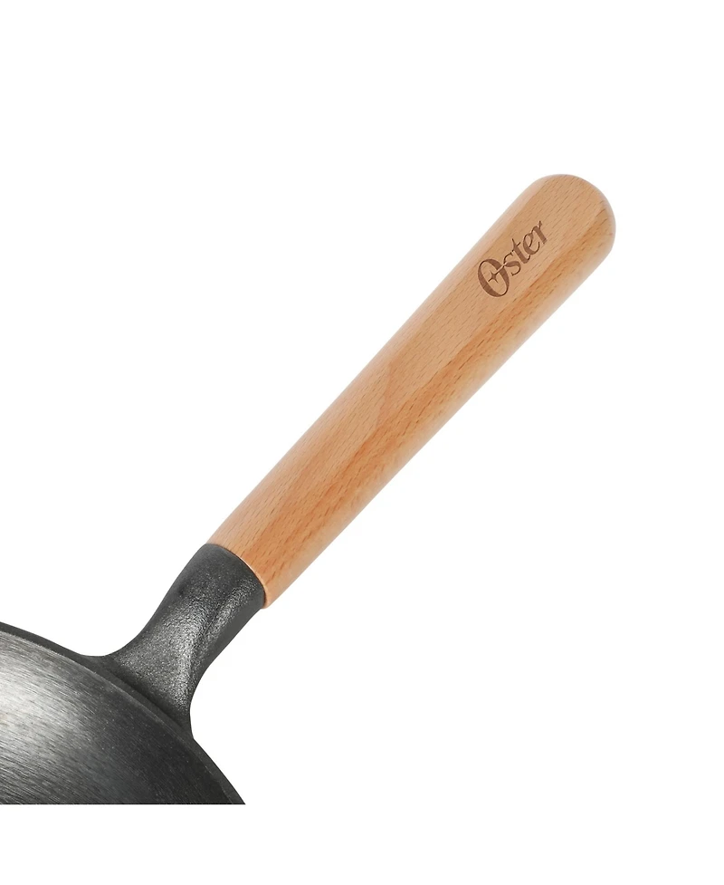 Oster Platinum 9.5" preseasoned cast iron skillet with wood handle, lightweight nonstick pan