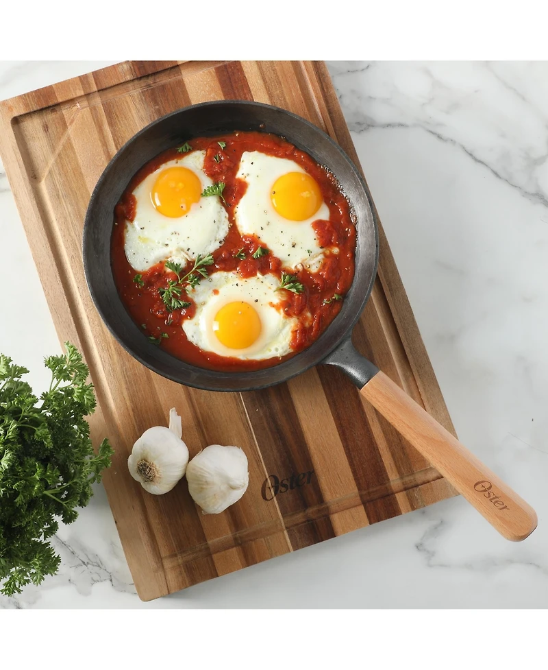 Oster Platinum 9.5" preseasoned cast iron skillet with wood handle, lightweight nonstick pan