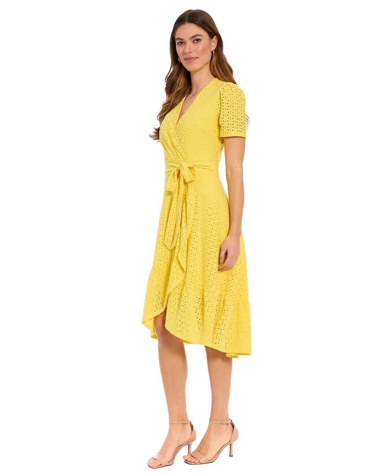 London Times Petite Eyelet Faux-Wrap Midi Dress