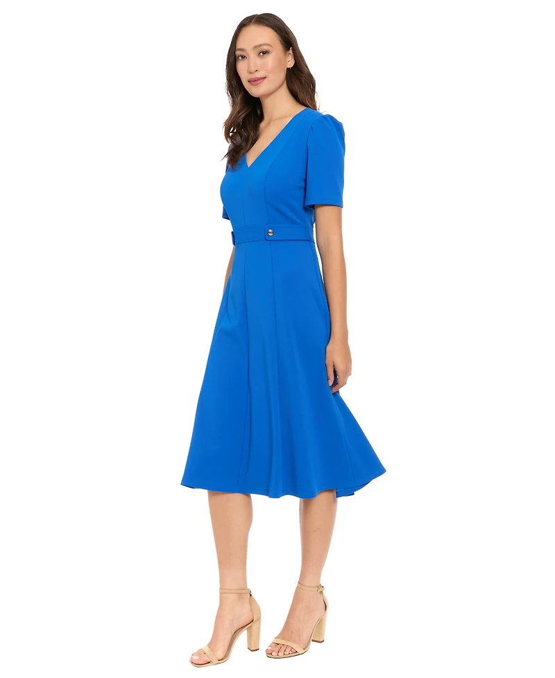 London Times Petite Short-Sleeve V-Neck Midi Dress