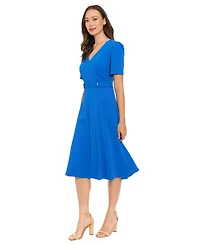 London Times Petite Short-Sleeve V-Neck Midi Dress