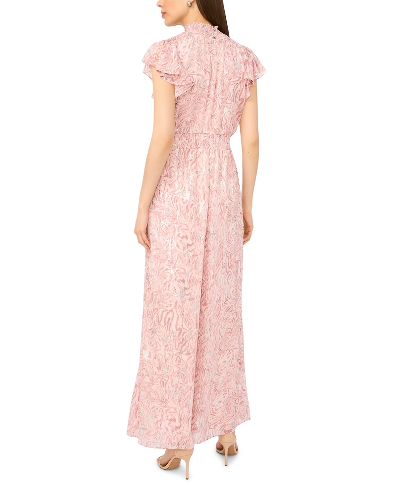 Msk Women's Short-Sleeve Mock Neck Smocked Waist Jumpsuit