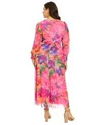 London Times Plus Printed Blouson-Sleeve Maxi Dress