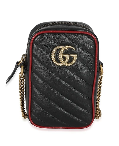 Pre-Owned Gucci Red Black Calfskin Matelasse Mini Gg Marmont Crossbody Bag