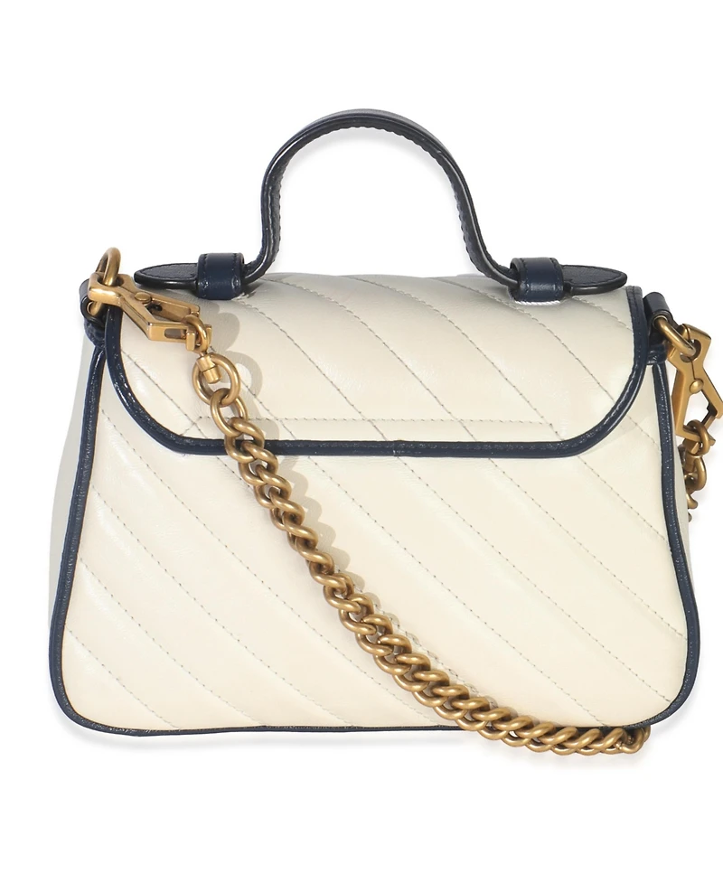 Pre-Owned Gucci Navy White Calfskin Matelasse Diagonal Torchon Mini Gg Marmont Top Handle